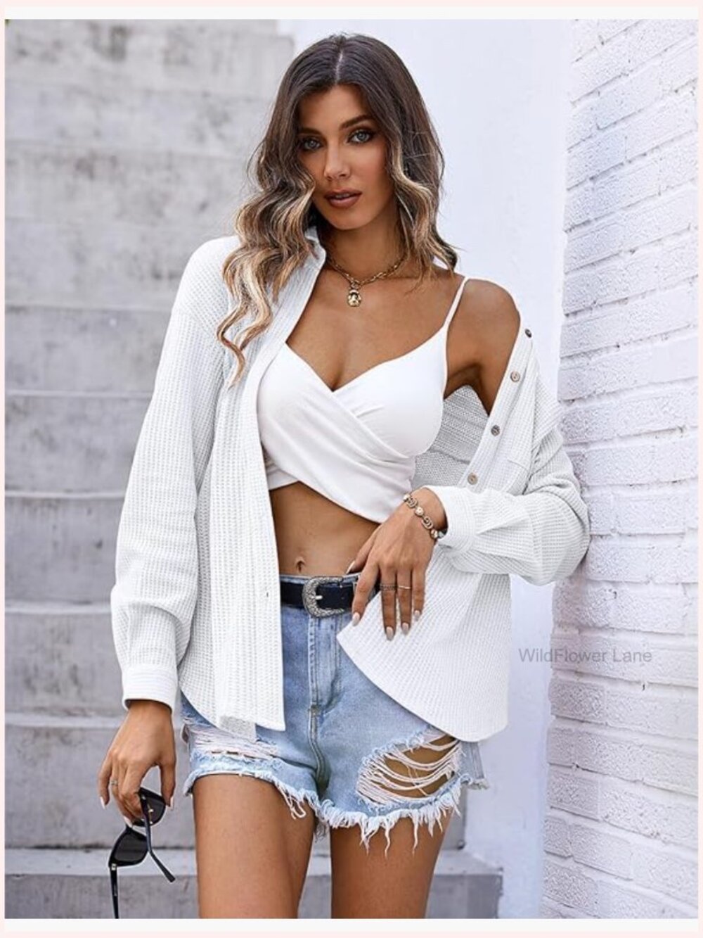 Waffle Knit Button Down Shirt Women Casual Long Sleeve Lightweight Dressy Work - Picture 3 of 7
